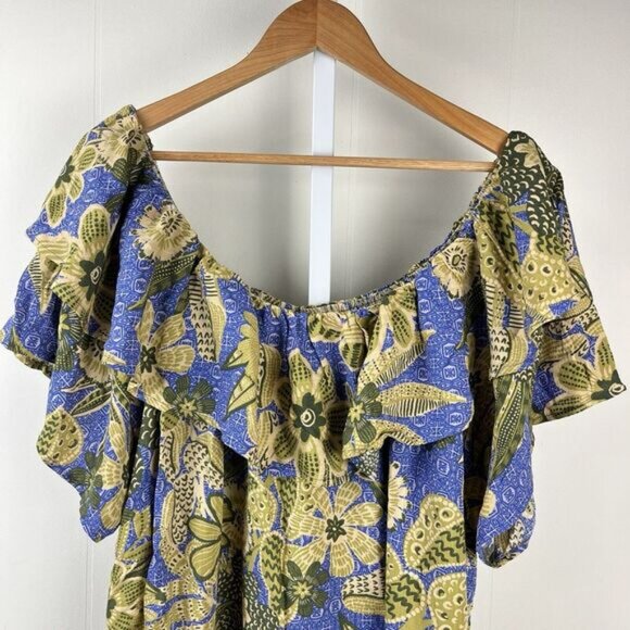 City Chic Ruffle Blouse Womens 3XL Blue Green Floral Off Shoulder Top Resort - Picture 2 of 6